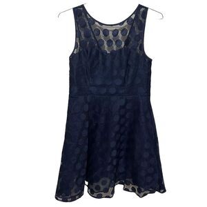 Betsey Johnson A-Line Dress Size 8 Navy blue Polka Dot Mesh Sleeveless Lined‎